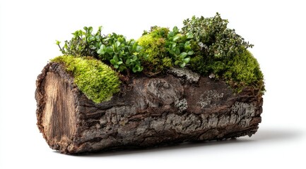 A rustic, cylindrical log, seemingly hollowed, serves as a unique planter, showcasing a vibrant assortment of moss and small, verdant plants