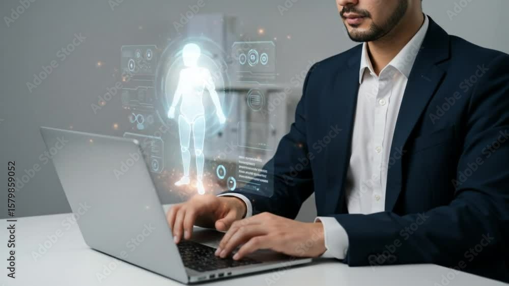 Poster man typing on laptop with hologram of a human body and data charts displayed in front of him at desk