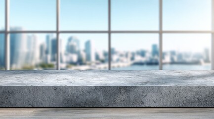 A concrete countertop, sits before a blurred cityscape viewed through a large window, suggesting a modern, spacious interior