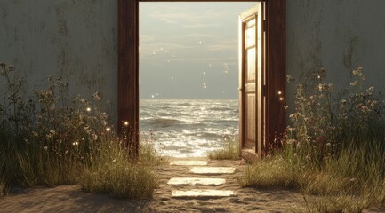 An open door reveals a tranquil ocean scene, bathed in soft sunlight, with wildflowers flanking a sandy path leading to the water's edge