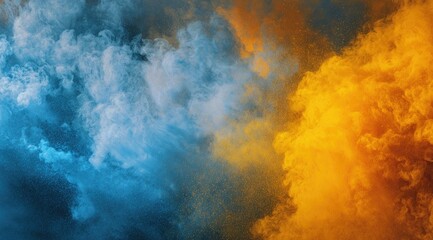 An abstract image featuring vibrant blue and orange smoke plumes, contrasting sharply against a dark background, creating a dynamic and visually striking composition