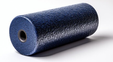 A dark-blue cylindrical foam roller rests on a white background, showcasing its textured surface and a central hole visible on one end