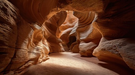 A narrow sandstone canyon with smooth, swirling walls and a sandy floor, illuminated by a shaft of light from an opening above