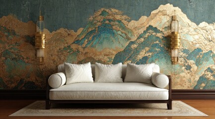 A serene living room features a plush off-white sofa set against a dramatic teal and gold mountain mural backdrop, flanked by elegant wall sconces
