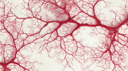 Intricate network of thin, crimson lines resembling veins or capillaries splayed across a light, textured background