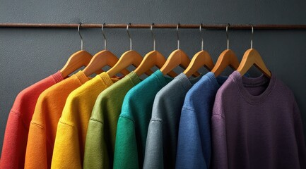 Seven crewneck sweatshirts in rainbow hues hang on wooden hangers against a dark gray backdrop.  The image showcases a simple, clean aesthetic