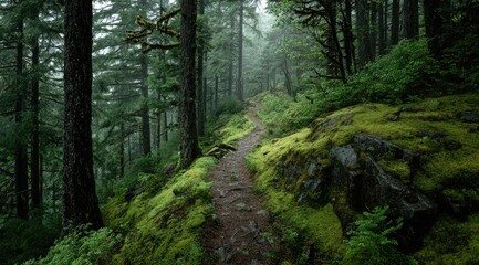 A misty forest trail winds through lush, moss-covered terrain, disappearing into the depths of the woods