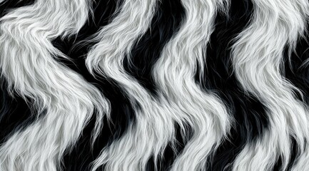 Abstract image of wavy, monochrome fur texture with alternating black and white strands, creating a flowing, striped pattern
