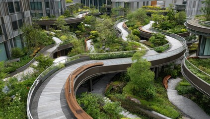 A high-angle view showcases a lush, multi-level garden integrated into a modern residential complex.  Curving walkways wind through vibrant greenery, connecting various outdoor spaces