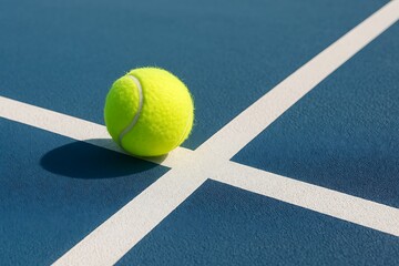 A bright yellow tennis ball rests on a blue court near crossing white lines in strong sunlight.