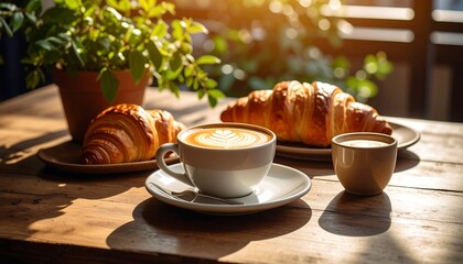 Croissants and coffee on a rustic table
