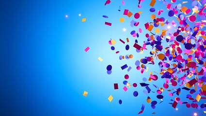 Colorful confetti falling against a bright blue gradient background celebration party