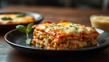 Close-up of cheesy, herbed lasagna on dark plate; rich, warm tones,  vegetarian,   melted cheese