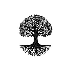 Detailed Tree of Life Illustration – Black & White Circular Design with Roots
