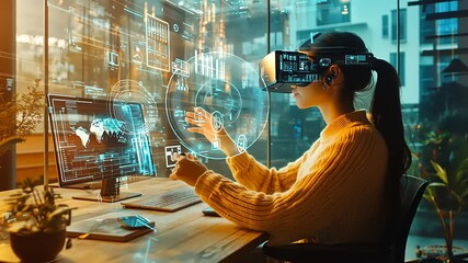 Woman using virtual reality headset in modern office, interacting with digital interface and data - Powered by Adobe