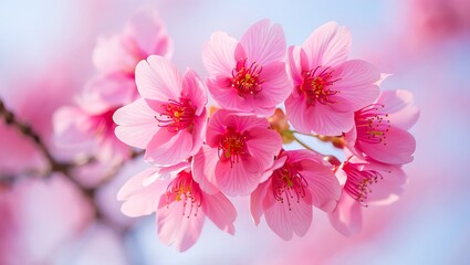 Naklejka premium Delicate pink cherry blossoms bloom against a soft blue sky flowers petals