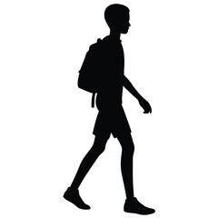 Black Silhouette of Young Boy Walking with Backpack, Side View Illustration