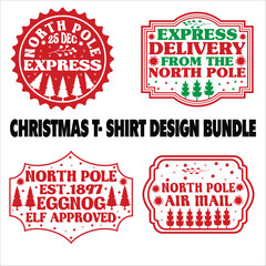 Christmas t- Shirt Design Bundle vector, delivery, grunge, mail, merry, north, print, signs, December, red, White background