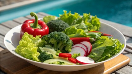 A vibrant salad bowl filled with fresh vegetables, including red bell peppers, broccoli, lettuce, and radishes, placed on a wooden table near a pool.