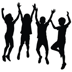 Fototapeta premium Joyful Children Silhouettes Jumping Happy Kids Celebrating, Raising Arms in the Air