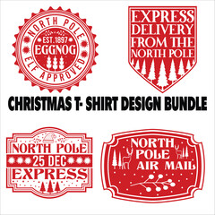 Christmas t- Shirt Design Bundle vector, delivery, grunge, mail, merry, north, print, signs, December, red, White background