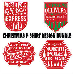 Christmas t- Shirt Design Bundle vector, delivery, grunge, mail, merry, north, print, signs, December, red, White background