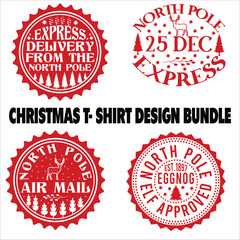 Christmas t- Shirt Design Bundle vector, delivery, grunge, mail, merry, north, print, signs, December, red, White background