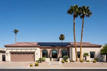 Desert Home With Solar Panels And Palm Trees Under Clear Blue Sky house residential