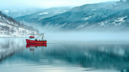 Emerald waters reflecting dramatic snow-capped mountains beneath misty skies.