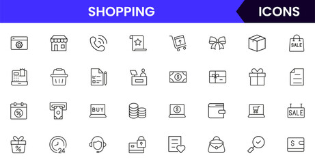 A vibrant Vector illustration web line icon collection for shopping, featuring sleek, minimalist designs perfect for e-commerce UI/UX, websites, and apps, ensuring high-quality visuals.