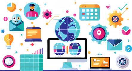 An illustration depicting aspects of online marketing, often featuring hands interacting with digital devices and web-related icons like shopping carts, dollar signs, and analytic