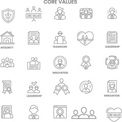 Core Values Vector Line Icons Set: Integrity, Teamwork, Leadership, and Innovation.