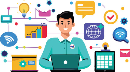 An illustration depicting aspects of online marketing, often featuring hands interacting with digital devices and web-related icons like shopping carts, dollar signs, and analytic