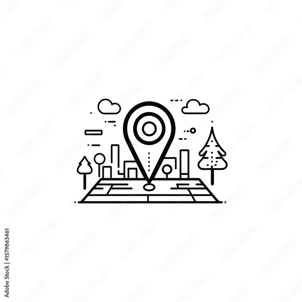 Poster map with location pin icon showing city skyline and nature elements outline style