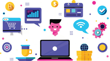 An illustration depicting aspects of online marketing, often featuring hands interacting with digital devices and web-related icons like shopping carts, dollar signs, and analytic