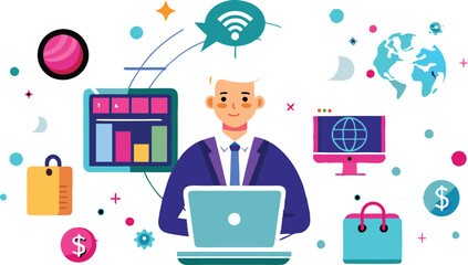 An illustration depicting aspects of online marketing, often featuring hands interacting with digital devices and web-related icons like shopping carts, dollar signs, and analytic