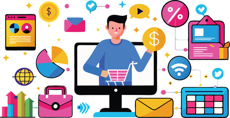 An illustration depicting aspects of online marketing, often featuring hands interacting with digital devices and web-related icons like shopping carts, dollar signs, and analytic