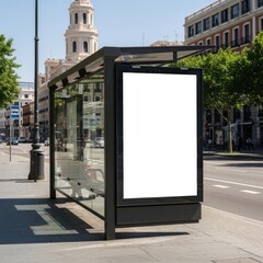 Modern Glass Bus Shelter with Blank Advertisement Display on City Street Sunny Day