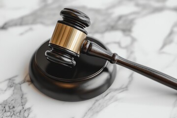 Legal Gavel with Wooden Handle and Gold Accents Resting on Black Base on White Marble Surface