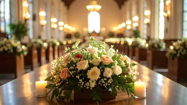 Serene Ceremony: A floral centerpiece adorns a long wooden table, flanked by lit candles, within a grand interior of a church or chapel, with rows of pews receding into the background.