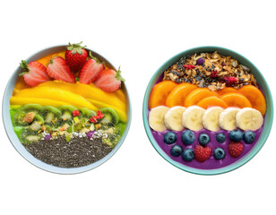 Top-down view of two vibrant smoothie bowls arranged in rainbow layers with colorful toppings