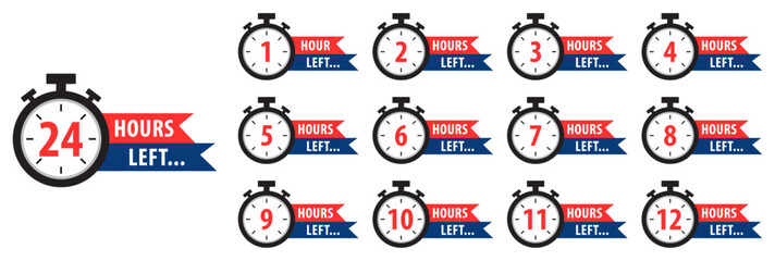 Countdown hours left from 1 to 24 hours badge set for social media post, promotion, promo offer. Color hours icon. Flat style. Isolated vector illustration.