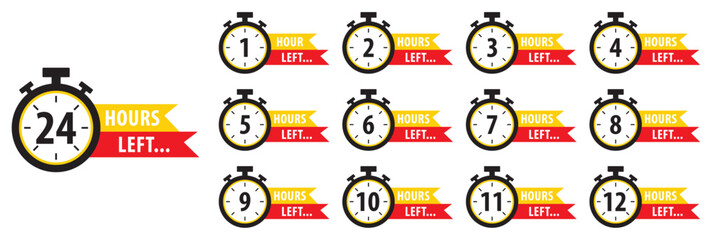 Countdown hours left from 1 to 24 hours badge set for social media post, promotion, promo offer. Countdown timer set from 1 to 24 hours. Color hours icons. Flat style. Vector illustration.