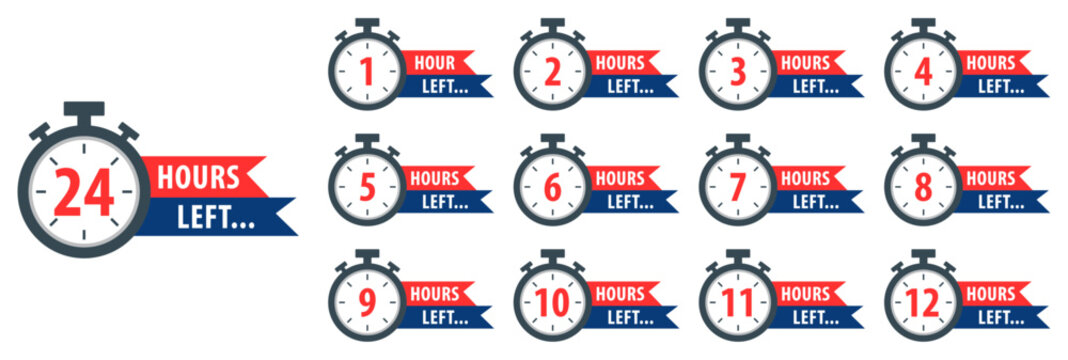 Countdown timer set from 1 to 24 hours. Color hours icon. Countdown hours left from 1 to 24 hours badge set for social media post, promotion, promo offer. Flat design. Isolated vector illustration.