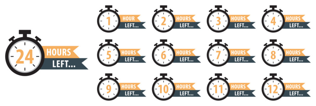 Countdown timer set from 1 to 24 hours. Color hours icon. Countdown hours left from 1 to 24 hours badge set for social media post, promotion, promo offer. Flat design. Isolated vector illustration.