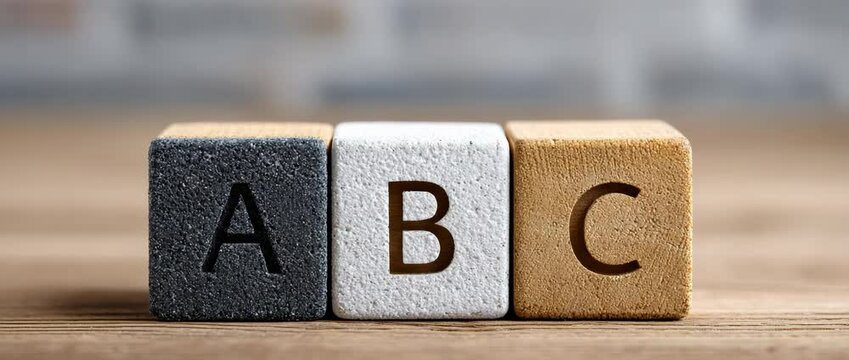 Alphabet blocks in wood: Wooden blocks displaying ABC letters arranged in a row on a wooden surface, offering a simple, clean look with its neutral colors