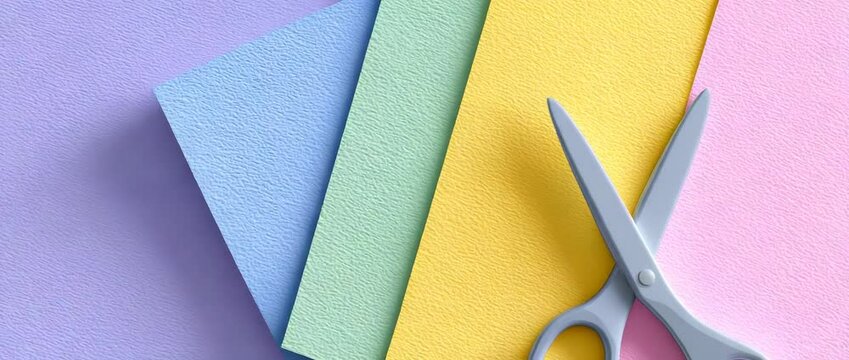 Colorful Paper and Scissors: a vibrant scene of a pair of silver scissors resting next to pastel sheets of craft paper