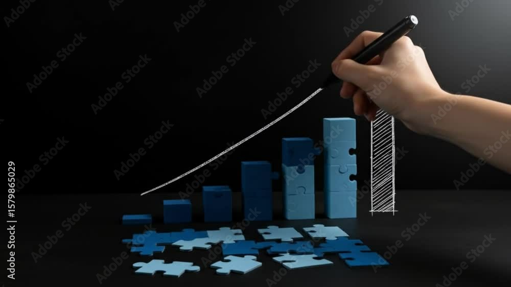 Poster hands arranging puzzle piece bar graph with upward arrows on dark surface for business growth concep