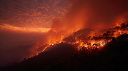 Intense Wildfire Blaze at Dusk with Fiery Flames Spreading across Hillside Amidst Smoke and Dramatic Sky Changing Colors
