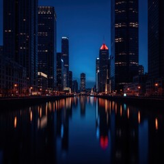 Obraz premium Majestic Cityscape at Night Reflecting in a Calm River Under a Deep Blue Sky